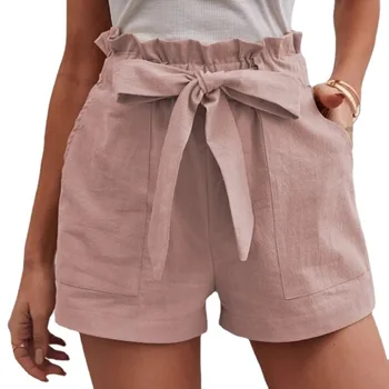 Летни дамски свободни ленени ежедневни панталони с джобове, обикновена панталони големи размери с висока талия и широки штанинами
