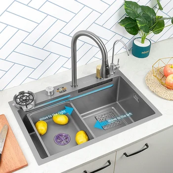 Сива кухненска мивка от неръждаема стомана 304 с по-голям с едно пазом и многофункционален сензорен водопадным смесител за кухненски мивки