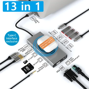 13 В 1 USB HUB Type C 3 0 Докинг станция Сплитер-Разклонител 3,0 2,0 Адаптер 15 W безжичното Зареждане RJ-45 PD към адаптер HDMI VGA