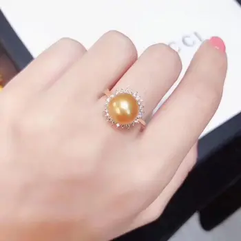 Нов АААА 10-11 мм естествена златен пръстен с перли-гвоздиком на Южното море, регулируема