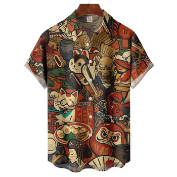Японската мъжка риза Harajuku, Лятна Реколта Риза с Къс ръкав И Ревера, Модни и Ежедневни Дрехи, Блузи, Риза Оверсайз, Всекидневни Топ
