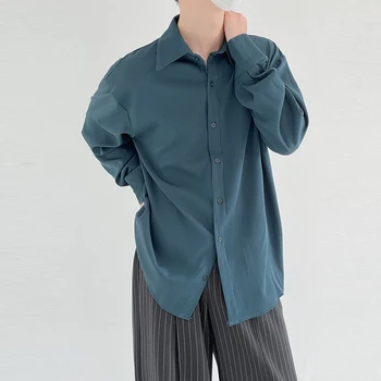 Мъжка риза, корейската мода, однобортный отложной яка, свободен топ от ледената коприна с дълъг ръкав, универсален за мъже горната риза на твърди копчета