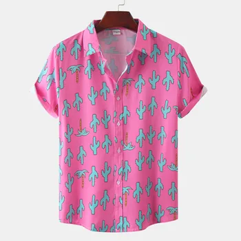 Новост 2023, хавайски ризи за мъже, розова риза с къси ръкави и принтом кактус, плажна блуза, блузи