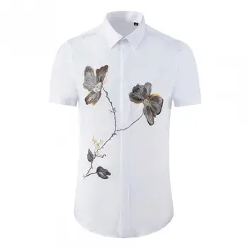 Бели мъжки ризи Minglu, луксозна цветна бродерия, мъжки ежедневни ризи с къс ръкав, тънки мъжки ризи Camisa Masculina 3xl