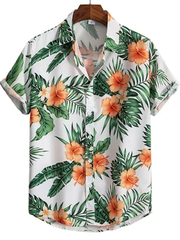 Мъжка риза с флорална 3D HD цифрово ревера, лятна мъжки дрехи, градинска ретро хавайска риза, мъжки ежедневни топ с къс ръкав