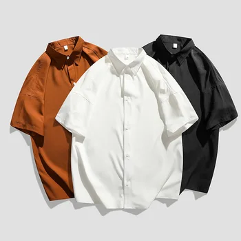 Лятна мъжка риза с къс ръкав, корейски свободен топ копчета, ежедневни връхни дрехи, тениска за момчета, ярка риза цвят каки и бели Плюс Размер 3xl
