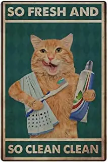 Лидице знак Забавен Оранжево котка Почиства зъбите си и умывает лицето Плакат Семейна баня хол Артистична декорация на стени Лидице знак