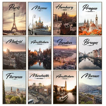 Европейски градски плакат на платно Париж Хэмбери Москва, Лондон, Мадрид, Амстердам, Стенни картини за спални хол