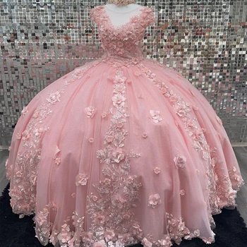 ANGELSBRIDEP, розови буйни рокли, бални рокли, 3D Цветя, апликация от мъниста, Дантели, сладка рокля 15-16, празнична облекла, Абитуриентски Бал