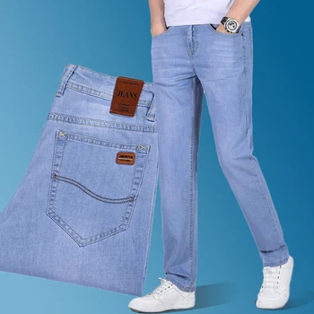 Пролетно-есенни мъжки дънки, бизнес, мода, директни обикновени сини дънкови панталони участък, класически мъжки дънки участъка размер плюс