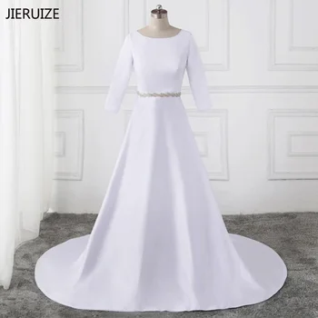 JIERUIZE Бели сатенени мюсюлмански булчински рокли с ръкави 3/4 Прости Сватбени рокли Елегантни Сватбени рокли robe de mariee