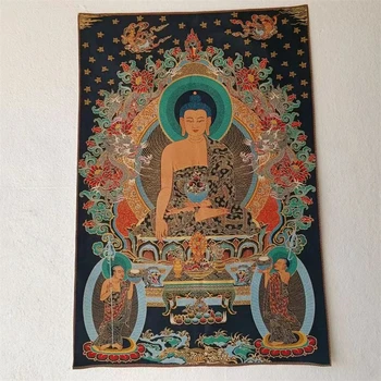 Тибетски Буда Тханка, Буда-билкар, бродерия златен брокат, изискана украса за дома, благоприятна Тханка