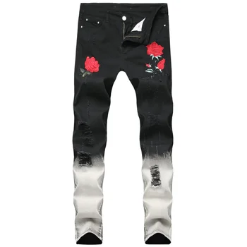 Нов Стил, стегнати черни мъжки дънки с дупки с бродирани рози и модерен дизайн, мъжки дънкови панталони, прави тънки байкерские скъсани дънки