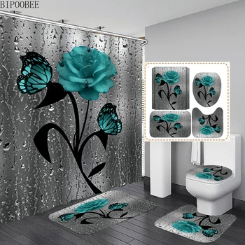 Комплект завеси за баня с 3D цветя, пеперуди, завеса за душ със зелена роза, противоскользящий подложка, капак на тоалетната чиния, постелки за баня, постелки