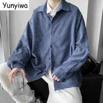 Вельветовые мъжки ризи с дълъг ръкав, реколта мъжка риза, градинска риза в корейски стил, ретро-мода, риза оверсайз, мъжки дрехи 3XL