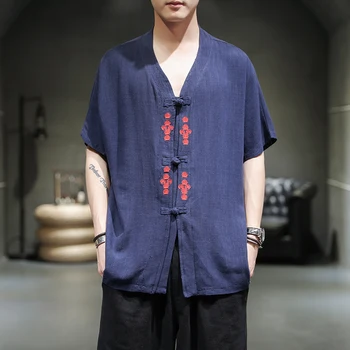 Мъжка риза Ханбок от памук и лен в китайски стил в ретро стил с V-образно деколте, Лятна тениска на копчета с къс ръкав, Мъжко Кимоно, Топ