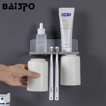 BAISPO Стенен държач за четка за зъби в скандинавски стил, двойно обърната чаша за тоалетна, Стойка за съхранение на паста за зъби, Аксесоари за баня
