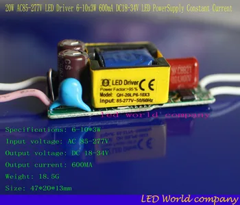 безплатна доставка Изолация 20 W AC85-277V led Драйвер 6-10x3W 600 ma DC18-34V led Източник на захранване Dc led лампа
