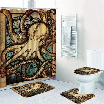 Ретро октопод, Кракен, Бафомет, Богинята на фантазии, Русалка, подводен свят, завеса за душ и подложка за пода, комплект от четири теми