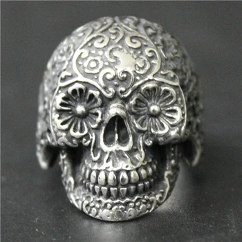 Директна доставка, размер 7-13, на хладно модерен пръстен с череп призрак Черна усмивки от неръждаема стомана 316L, мъжки женски пръстен с цветя на черепа