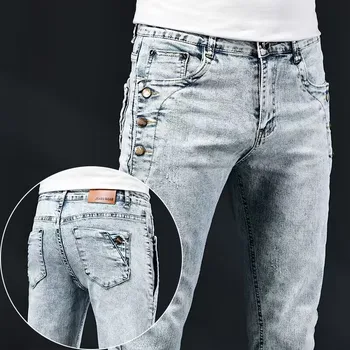 Мъжки тесни дънки, нов еластичен корейски дизайн, мода с няколко копчета, сини, бели, годината на реколтата, памучни, стрейчевые дънкови панталони, панталони