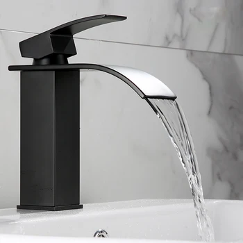 Черен смесител за мивка с водопад от неръждаема стомана, квадратна батерия за мивка, смесителна батерия за топла и студена вода с една дръжка