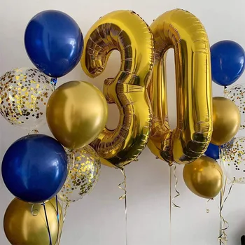 15шт Тъмно-сини балони от фолио със златен номер, Украса за Парти в чест на Деня на раждане За деца и възрастни 10 11 14 15 18 25 30 35 40 50 60 Едногодишно