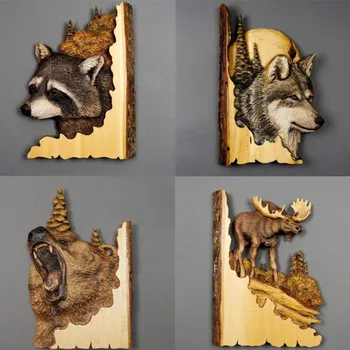 Дърворезба на животните Ръчно изработени стенни скулптура, wooden миеща мечка, Мечка, Елен, Вълк, Лисица, ръчно рисувани, украса за дома, хол
