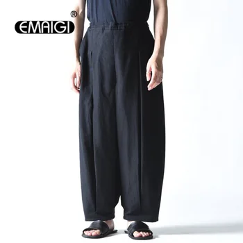 Мъжки градинска облекло и интериор в японски стил Харадзюку, Модни нагънат Свободни Ежедневни Тъмно-Черни широки Панталони, мъжки панталони оверсайз с висока талия, дамски панталони