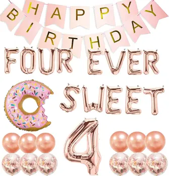 28шт Четири Сладки Банер от Фолио Розово Злато, Балони за Момичета на 4-ти Рожден Ден, Розов Номер 4, Балон, Вечерни Украса